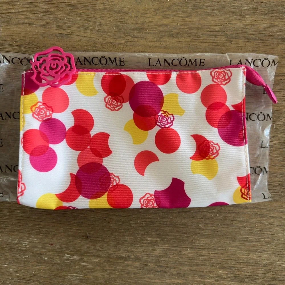 New  Lancome Paris Floral Polka Dot Cosmetic Zip Up Make-Up Bag-NWOT‎